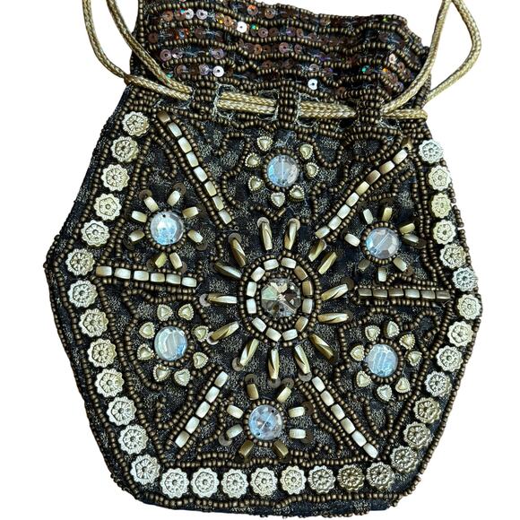 Beaded evening bag black pouch style vintage dressy purse rhinestones beads - Picture 9 of 9